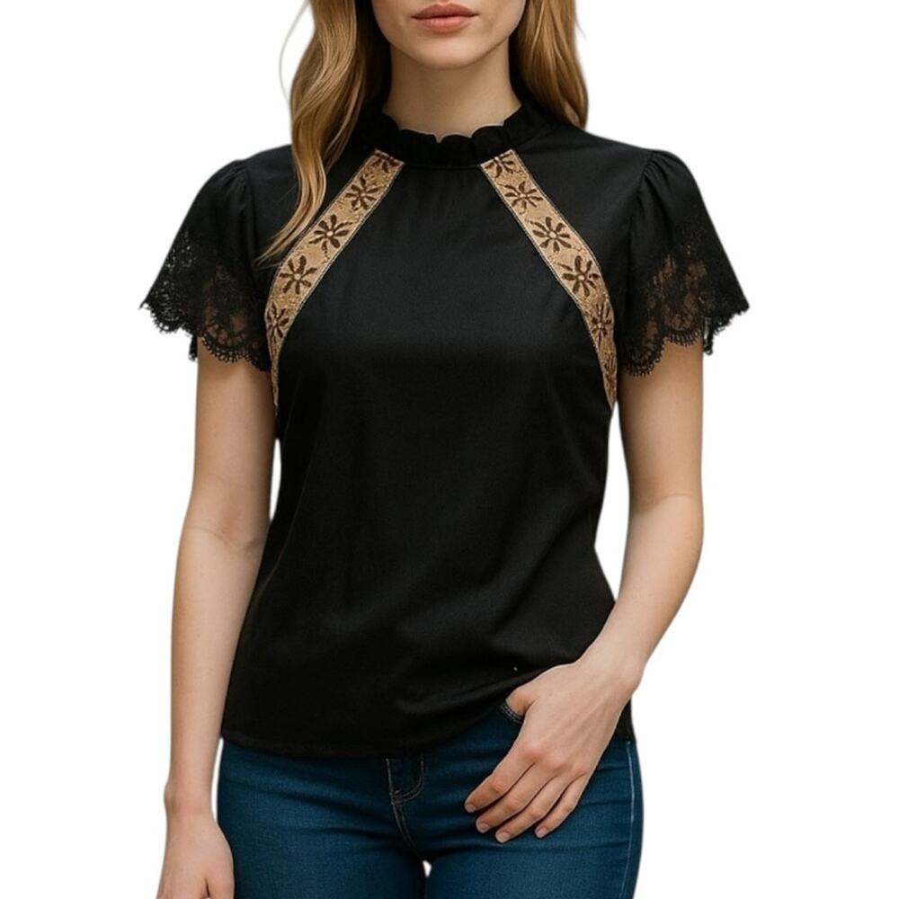 Nanette Lepore Black Satin Lace Blouse NWT XS